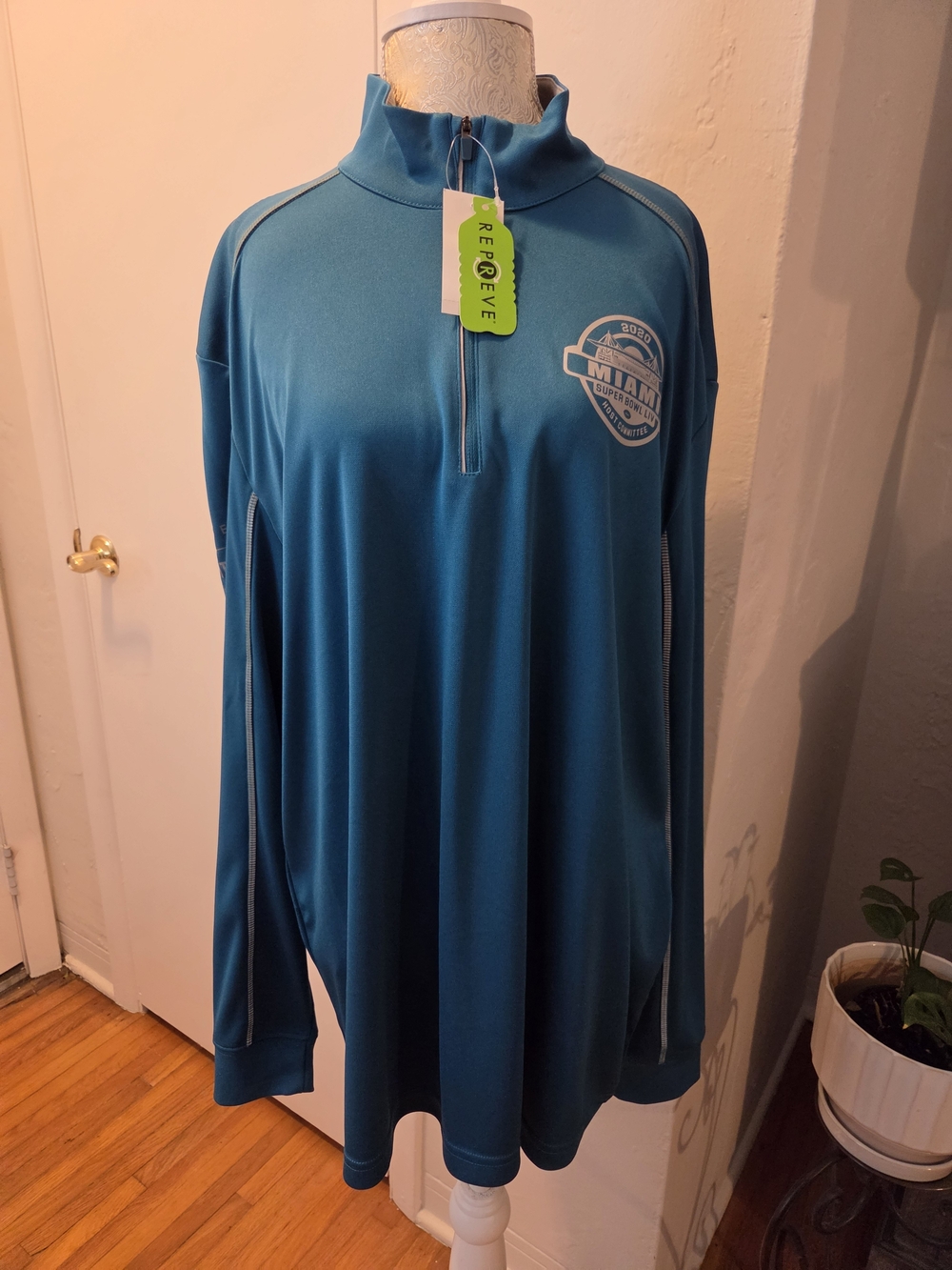Perry Ellis Teal Quarter-Zip Athletic Pullover with Miami Super Bowl LIV Logo